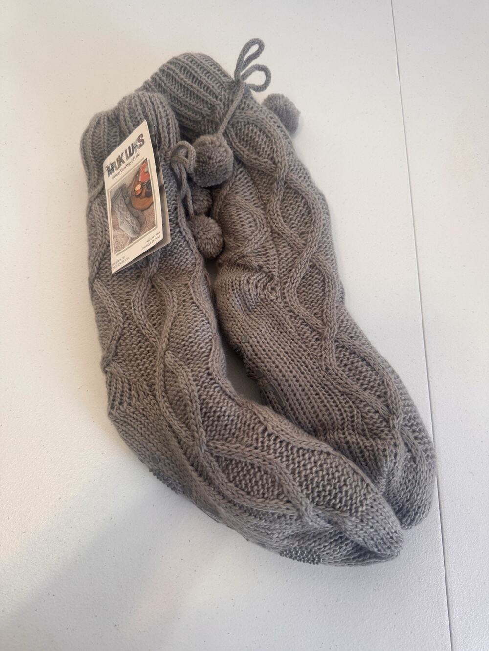 Muk Luks Cabin Pom Pom Slipper Socks Dark Grey S/M NWT